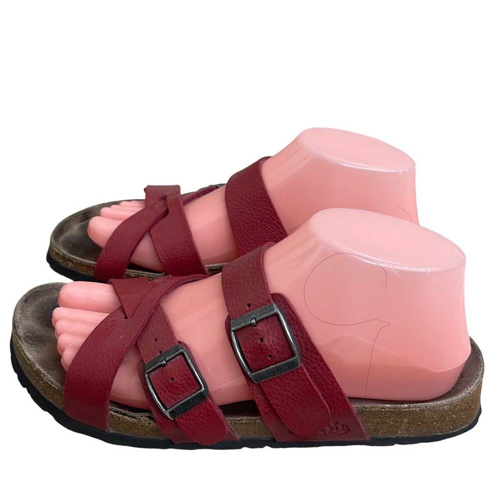 Birkenstock BIRKI comfort Red Strappy Slide Sandals Womens 38 L7 M5 Cork ShoesI
